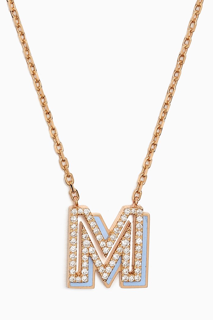 

'M' Shadow Letter Diamond & Enamel Necklace in 18kt Gold, Blue