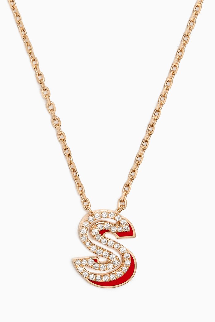 

'S' Shadow Letter Diamond & Enamel Necklace in 18kt Gold, Red