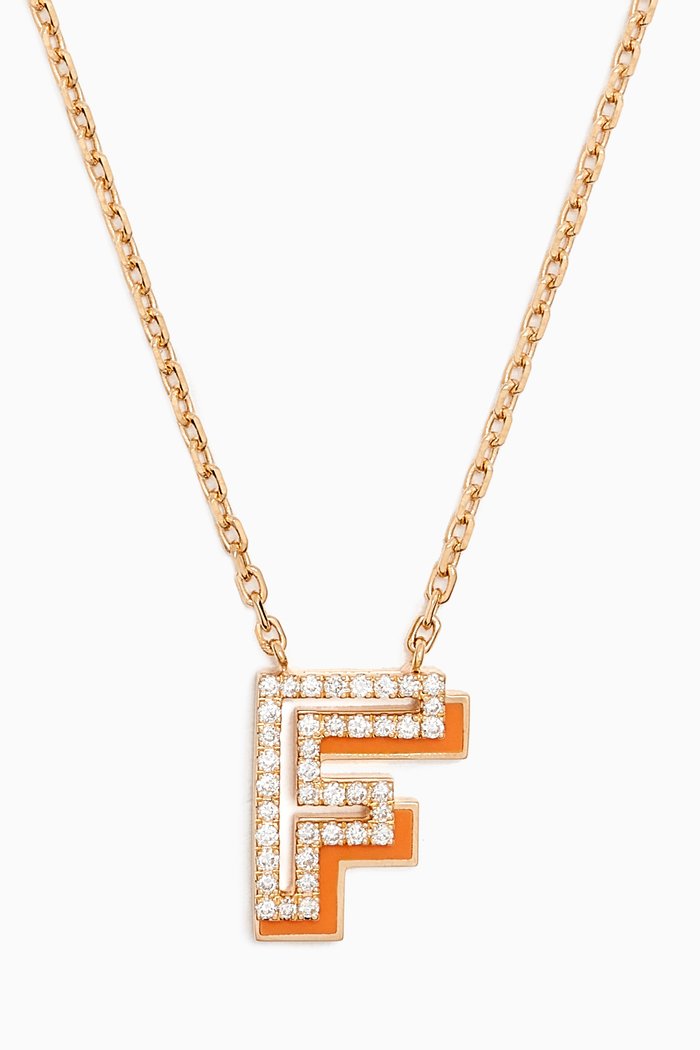 

'F' Shadow Letter Diamond & Enamel Necklace in 18kt Gold, Orange