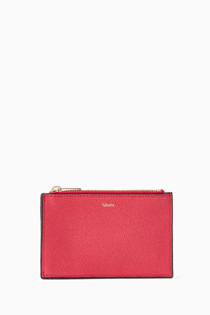 

Zippered Card Holder in Textured Leather, Pink