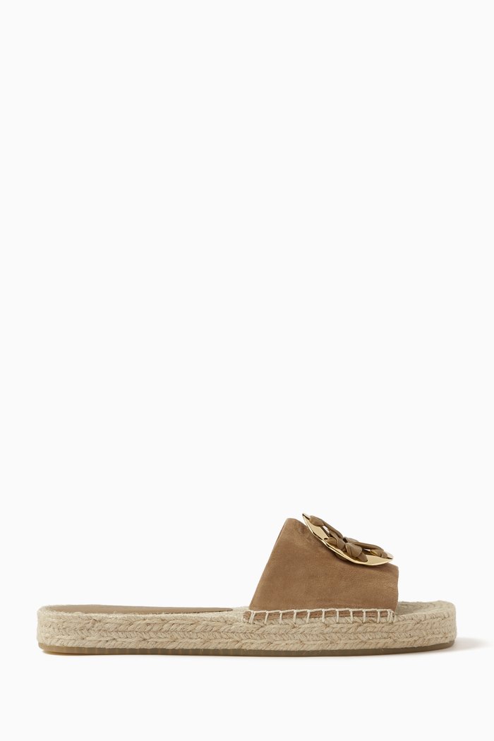 

Woven Double T Espadrille Slides in Suede, Brown