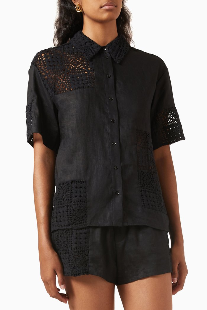 

Rayure Patchwork Crochet Shirt in Linen & Cotton-knit, Black