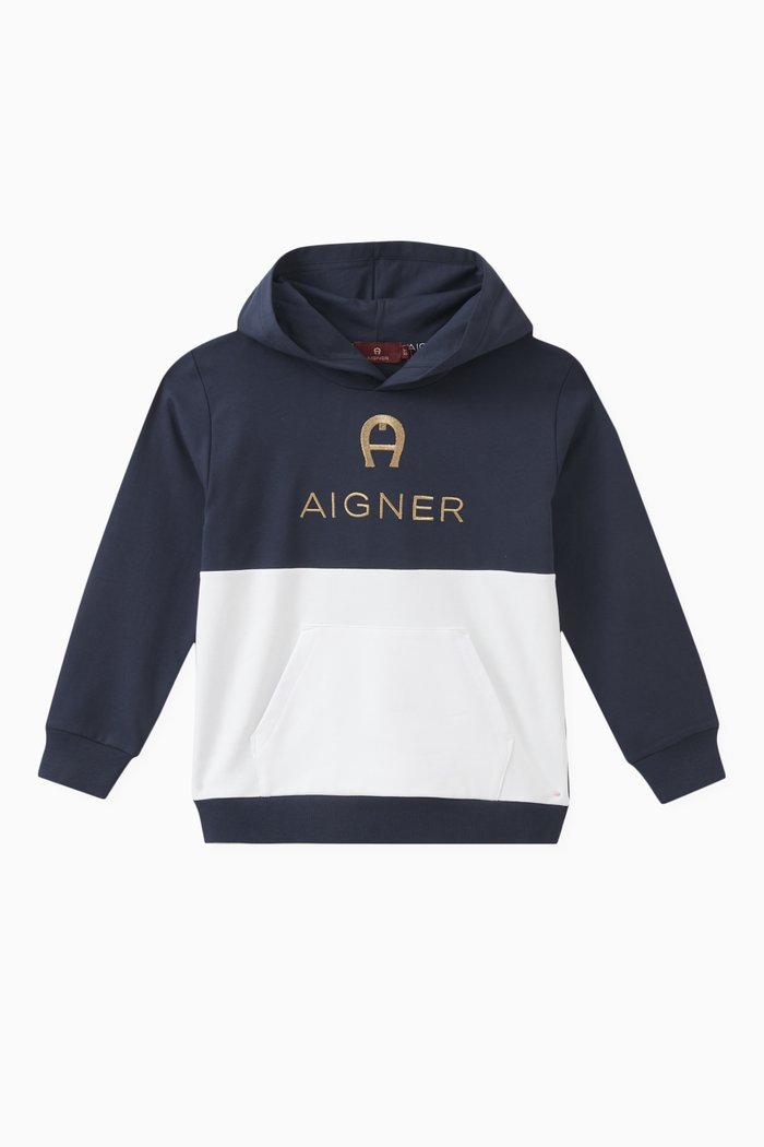 

Colour-block Hoodie in Cotton, Blue