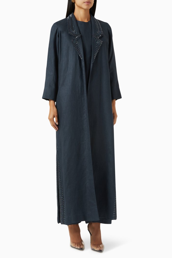 

Bead-embellished Abaya Set in Linen, Blue