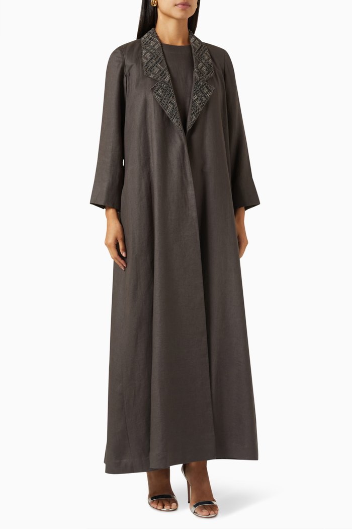 

Bead-embellished Abaya Set in Linen, Grey