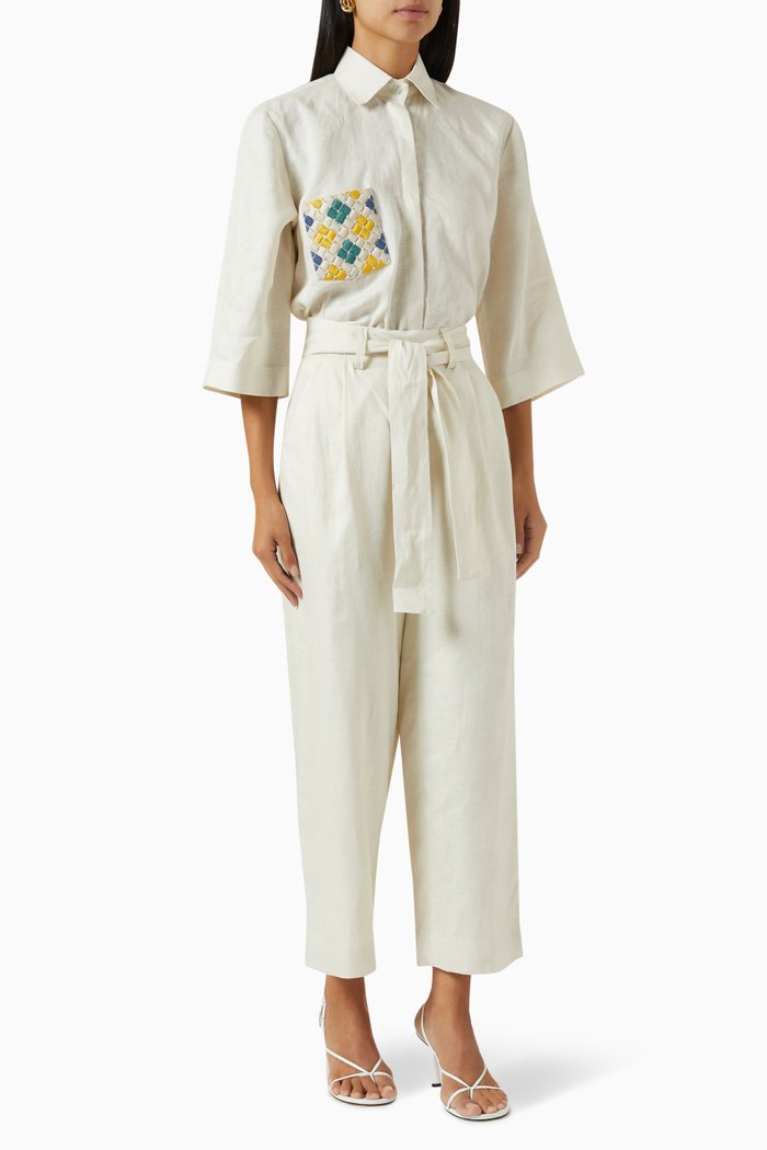

Embroidered Shirt & Pants Set in Linen, White