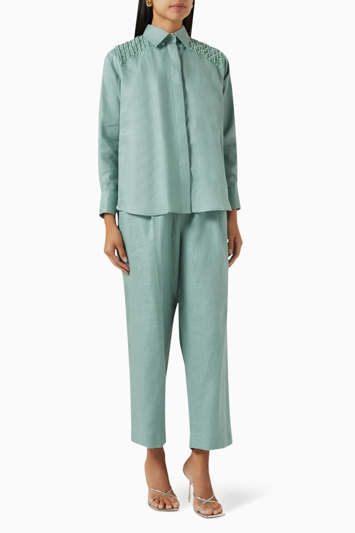 Bead-embellished Shirt & Pants Set in Linen, Blue