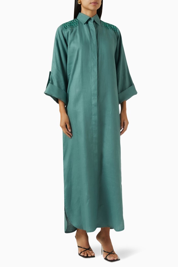 

Sequin-embellished Shirt Dress in Linen, Blue