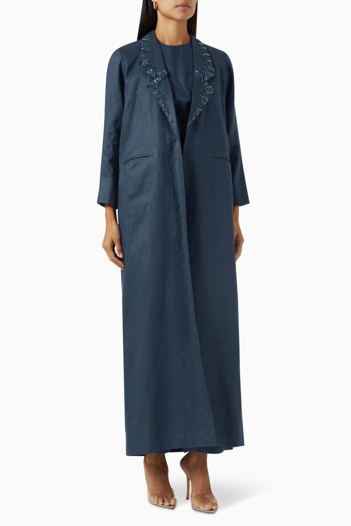 

Bead-embellished Abaya Set in Linen, Blue