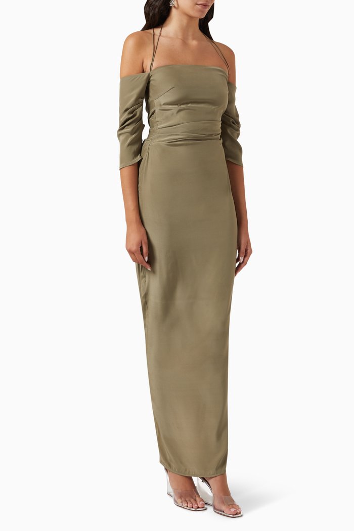 

Samaca Off-shoulder Maxi Dress in Silk, Green