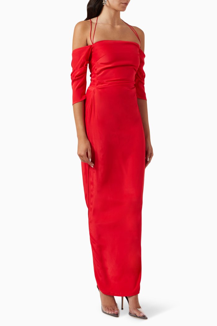

Samaca Off-shoulder Maxi Dress in Silk, Red
