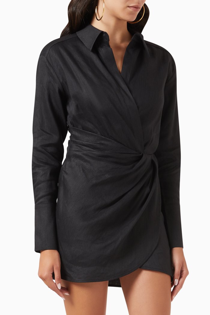 Puno Mini Shirt Dress in Stretch-linen Blend, Black