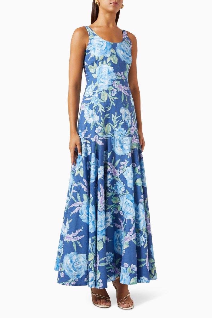 

Adem Floral-print Maxi Dress in Linen-blend, Blue
