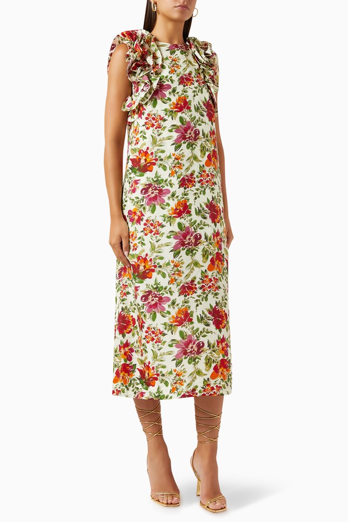 

Miray Ruffle-sleeve Dress in Silk, Multicolour