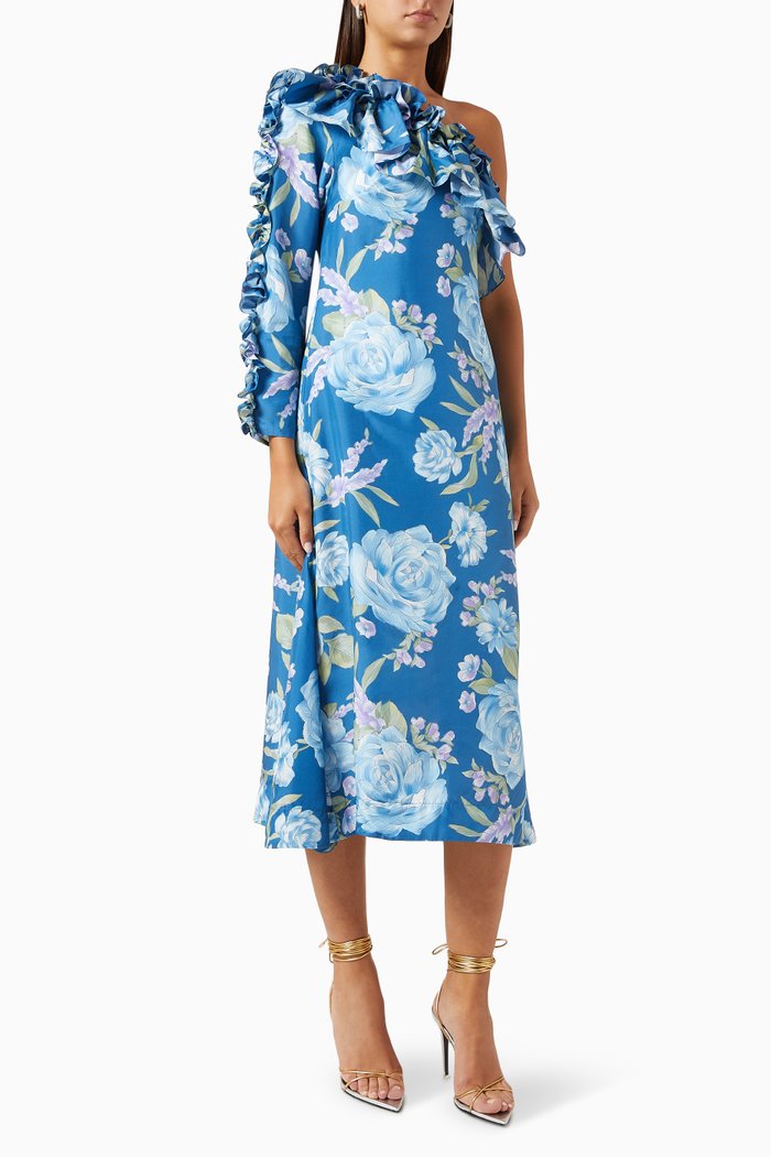 Zeki One-shoulder Dress in Silk, Blue