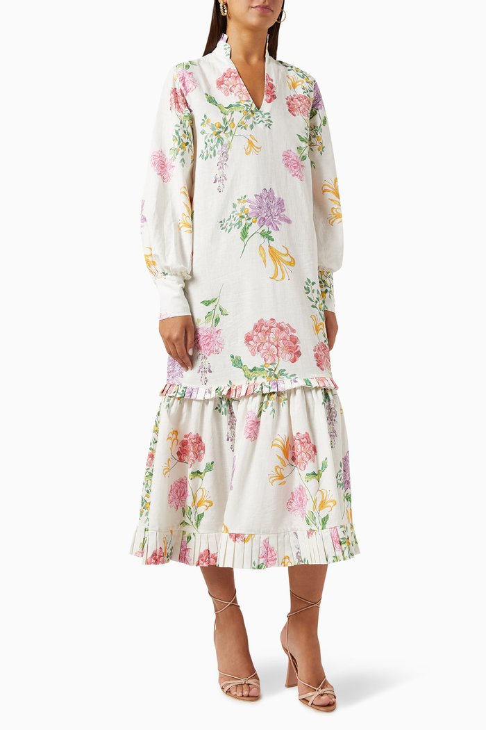 

Fatma Floral-print Dress in Linen-blend, White