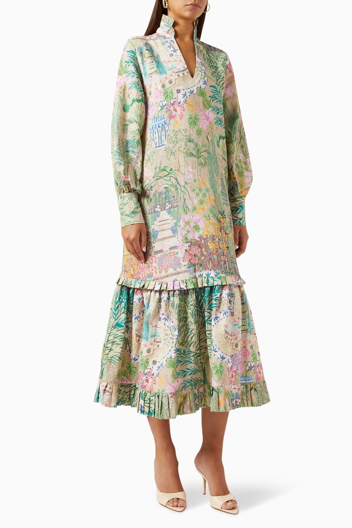 

Fatma Floral-print Dress in Linen-blend, Multicolour