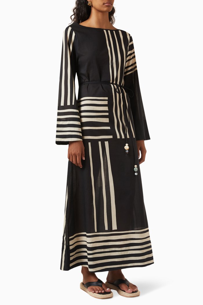 

Reversible Linocut Open Maxi Dress in Cotton, Black