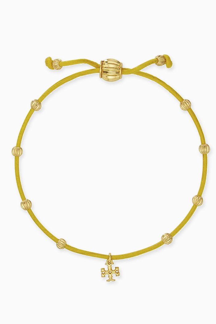 Kira Beaded Slider Bracelet in Leather & Brass, Yellow