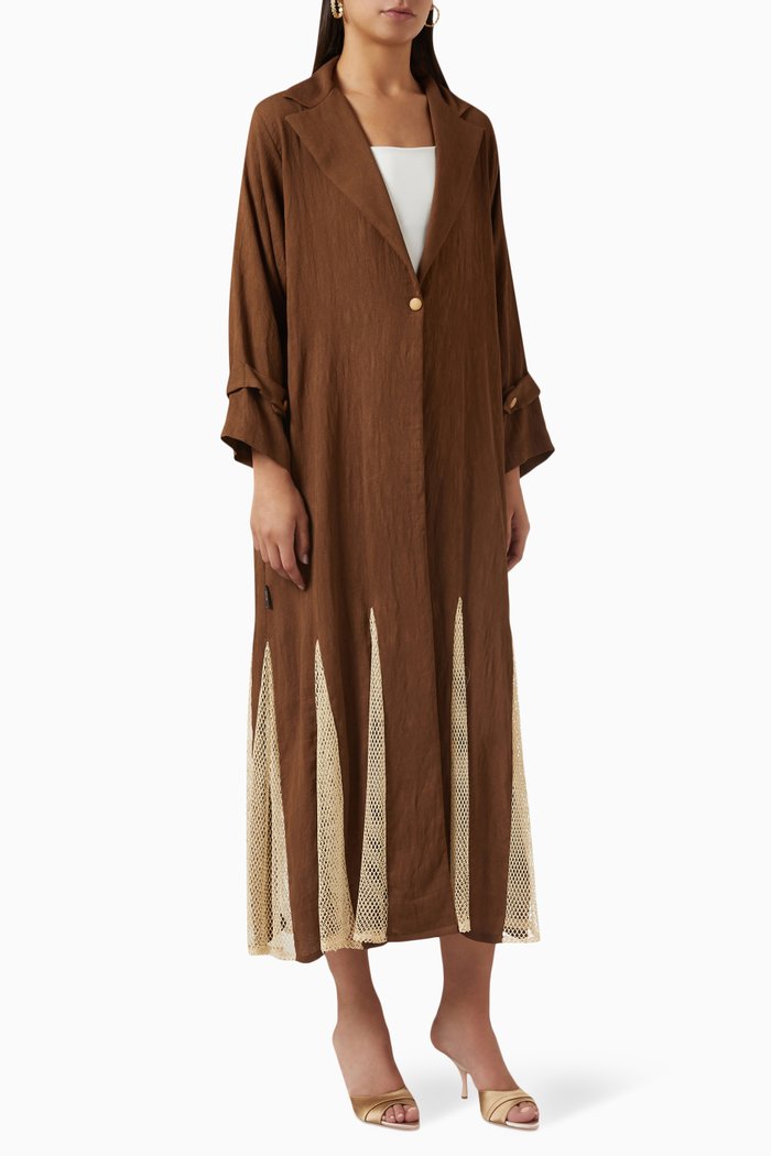 

Mesh Insert Collared Abaya, Brown