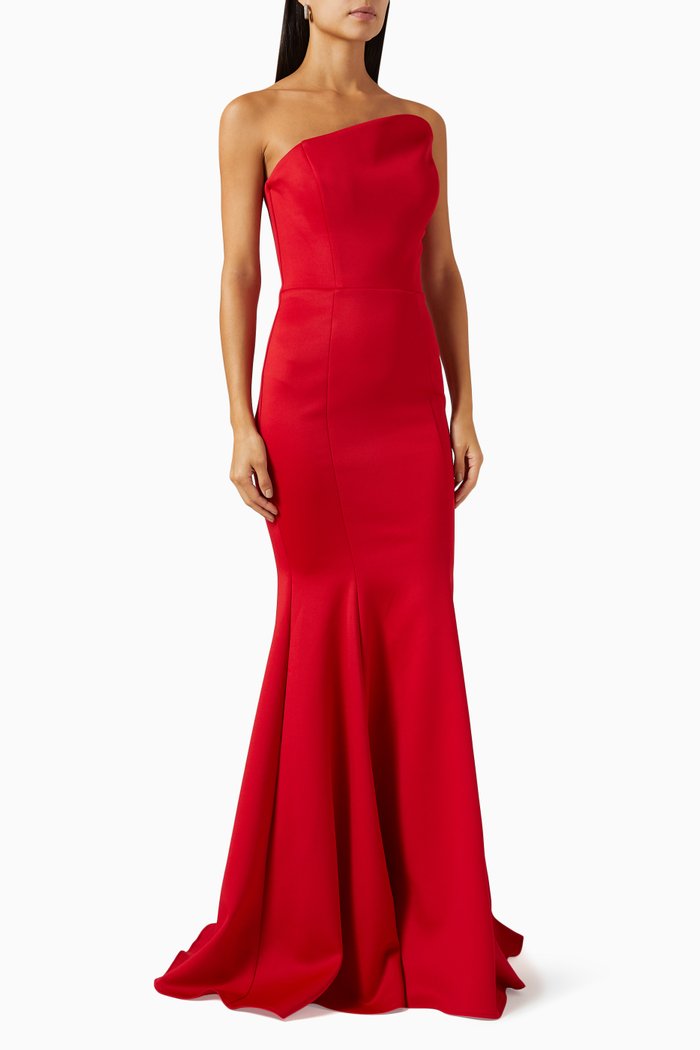 

Asymmetrical Mermaid Gown in Scuba, Red