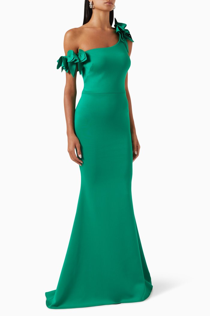 

Asymmetrical Floral Evening Gown, Green