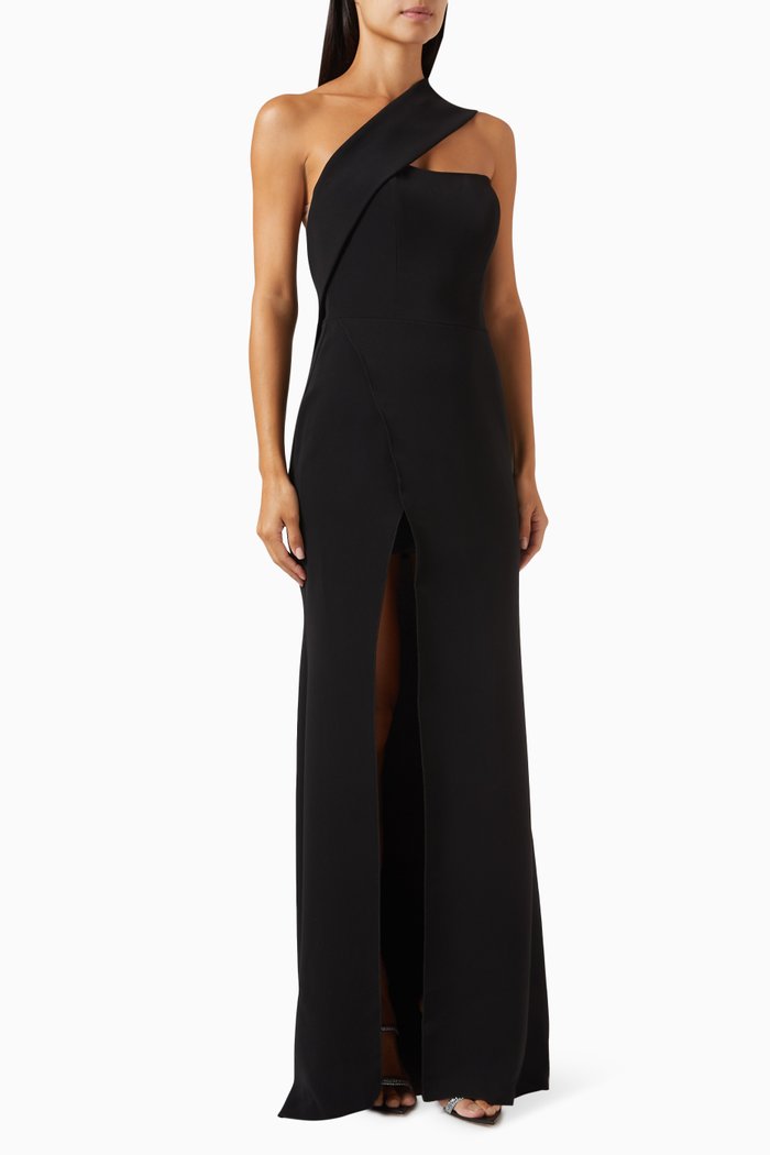 

One-Shoulder Neckline Gown in Stretch Crêpe, Black