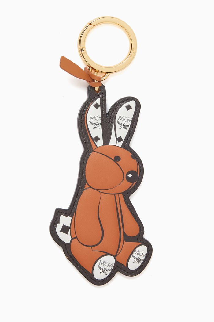 Rabbit Charm Keychain in Leather, Brown