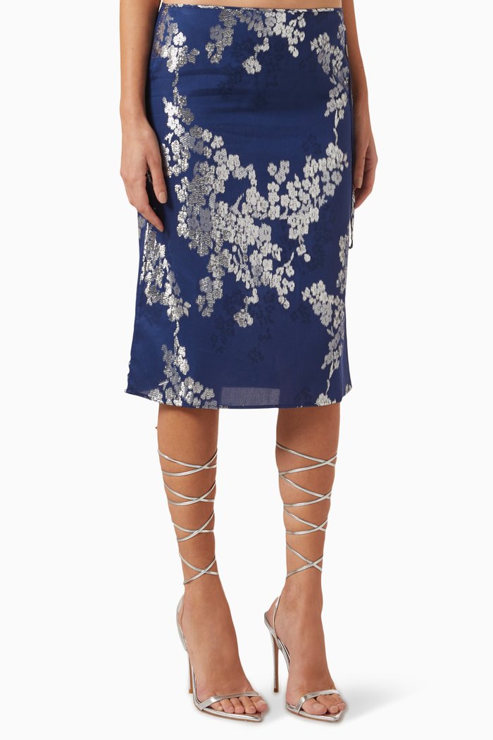 

Helen Wrap Midi Skirt in Floral Jacquard, Blue