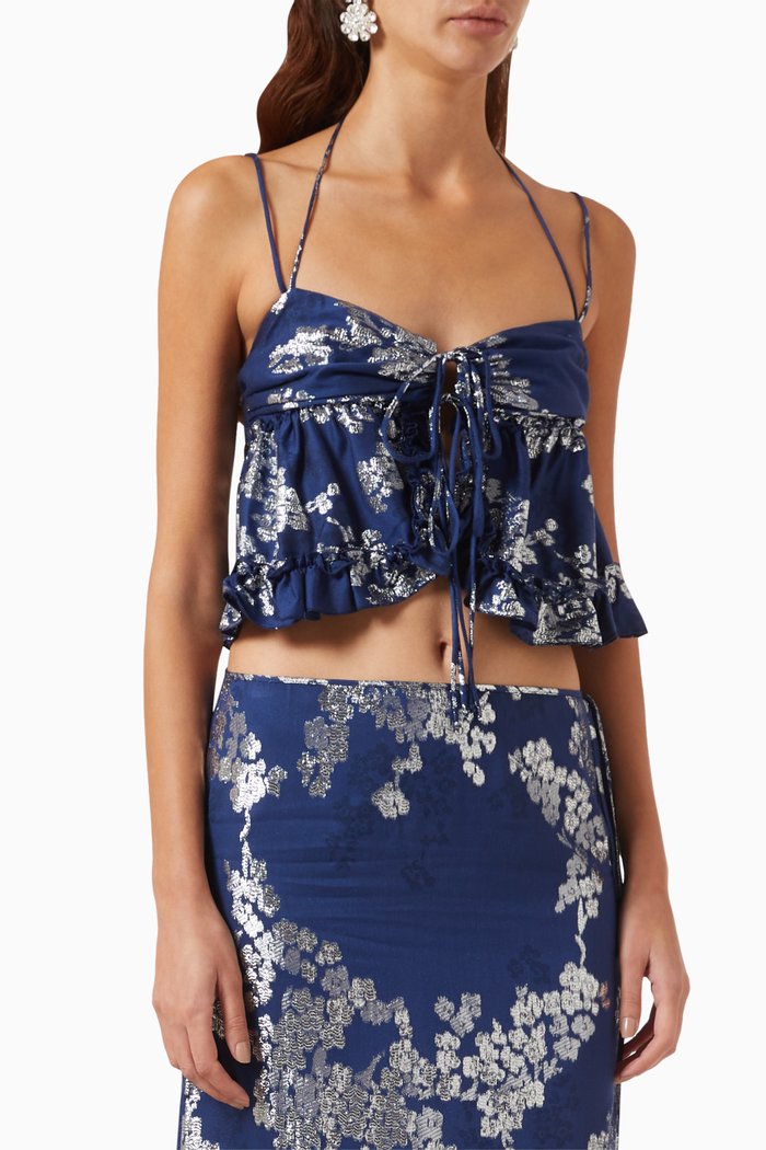 

Harlin Front-tie Top in Floral Jacquard, Blue