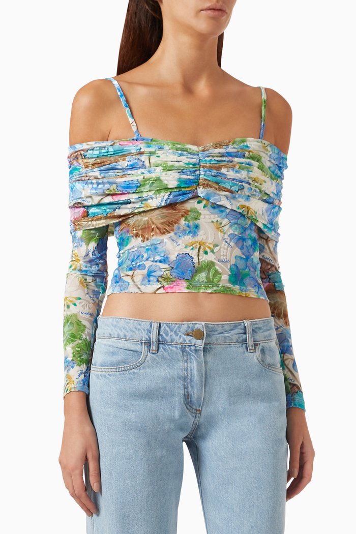 Ledi Off-shoulder Draped Top in Velvet, Multicolour