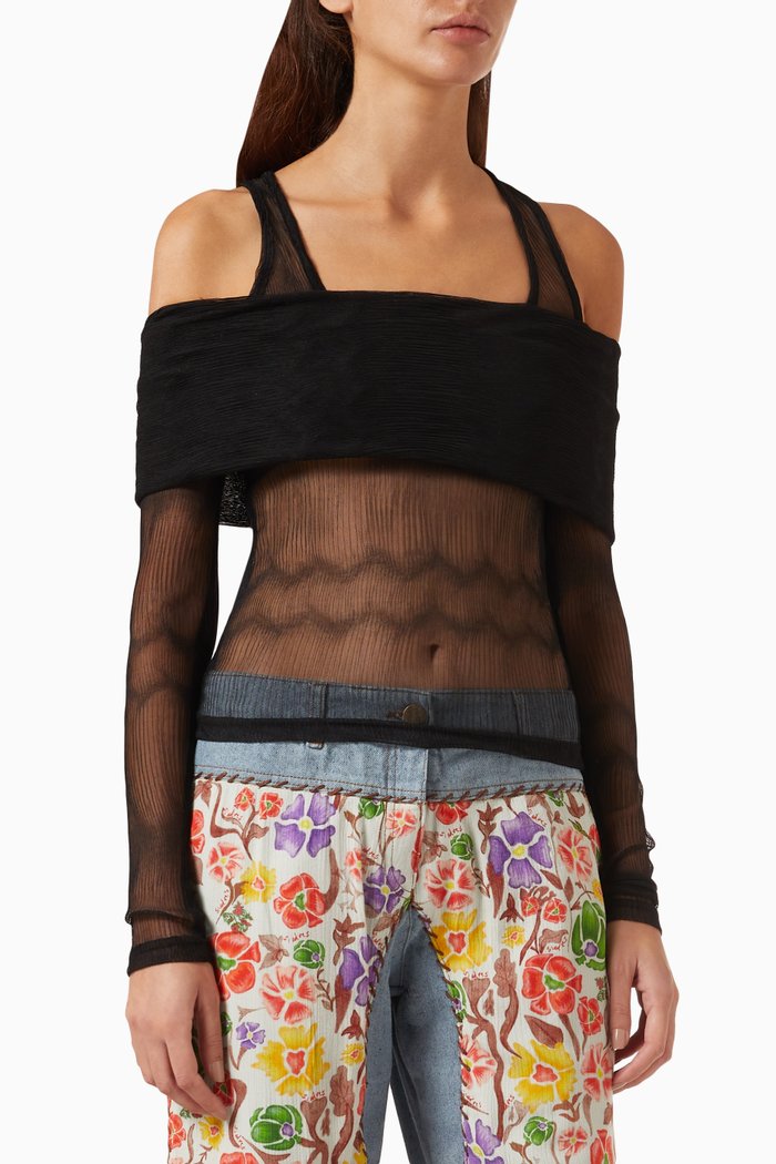 

Lille Layered long-sleeve Top in Sheer Fabric, Black