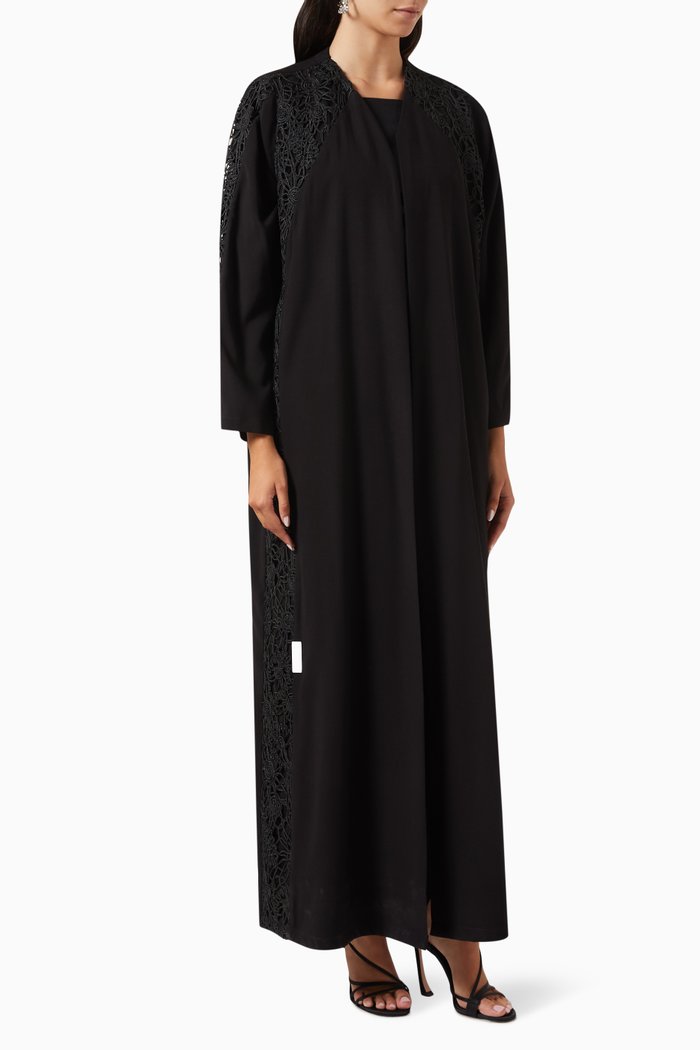 

Lace Panel Abaya in Crush Cotton, Black