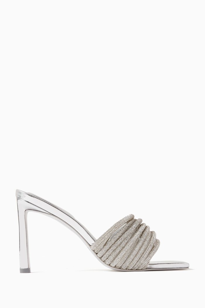 

Lena Crystal Strap 80 Mules in Leather, Silver