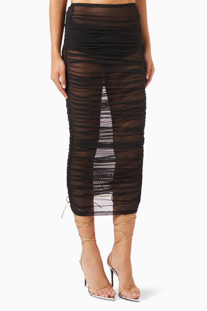 

Sheer Ruched Maxi Skirt in Recycled Mesh, Black