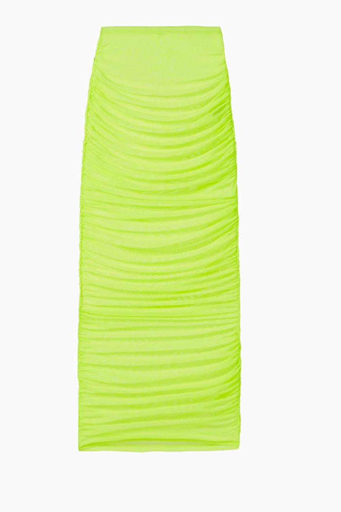 Sheer Ruched Maxi Skirt in Recycled Mesh, Green