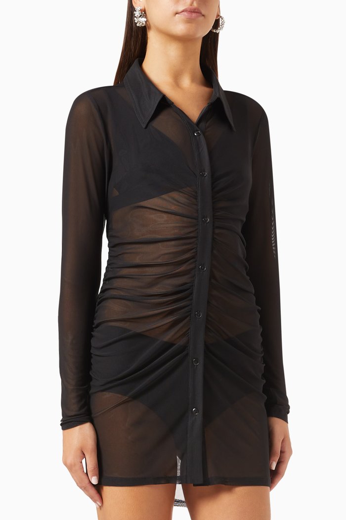 

Sheer Ruched Mini Dress in Recycled Mesh, Black