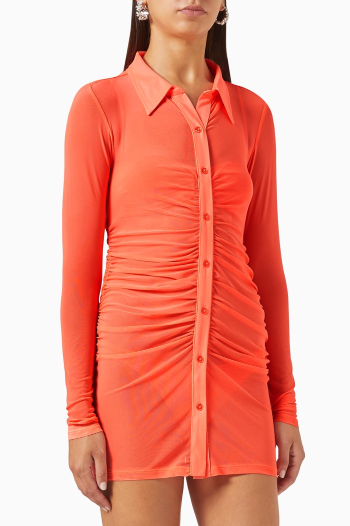 

Sheer Ruched Mini Dress in Recycled Mesh, Orange