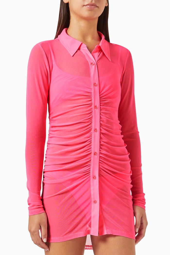 Sheer Ruched Mini Dress in Recycled Mesh, Pink