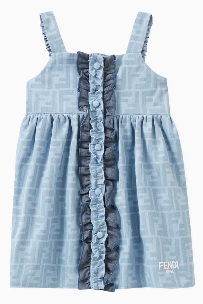 

Ruffled Logo-print Dress in Cotton Chambray, Blue