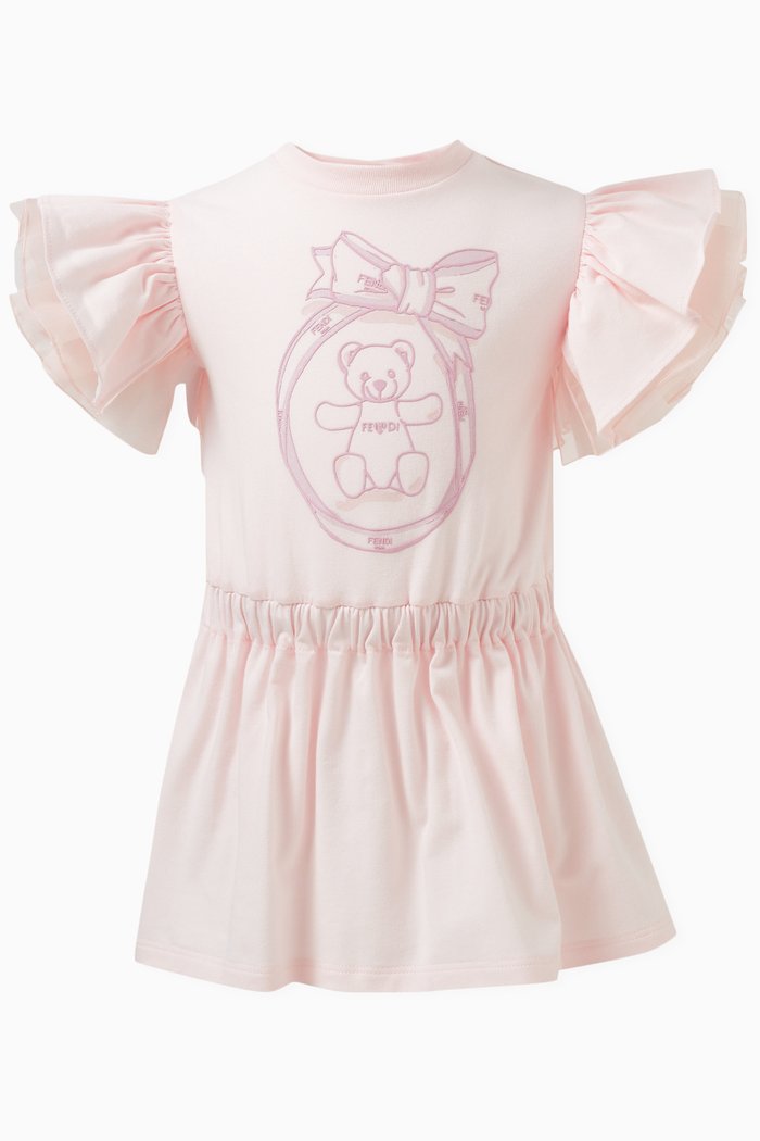 

Ruffled Teddy-print Dress in Cotton, Pink