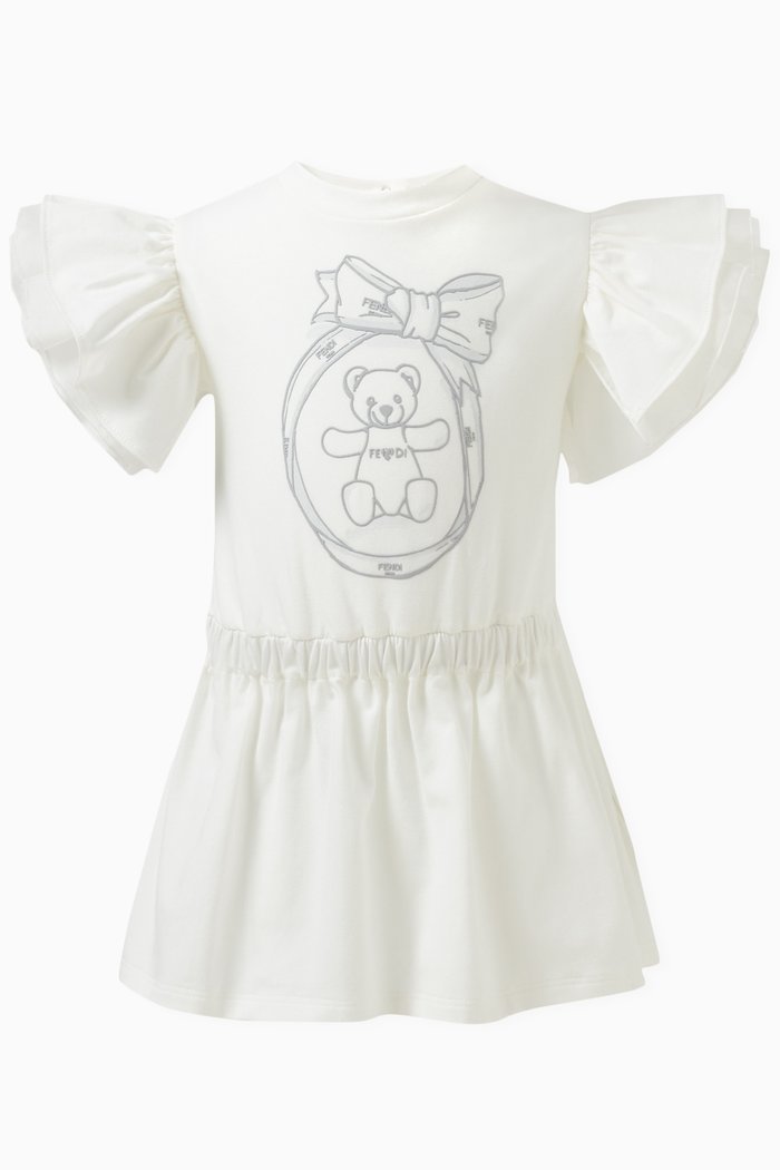

Ruffled Teddy-print Dress in Cotton, White