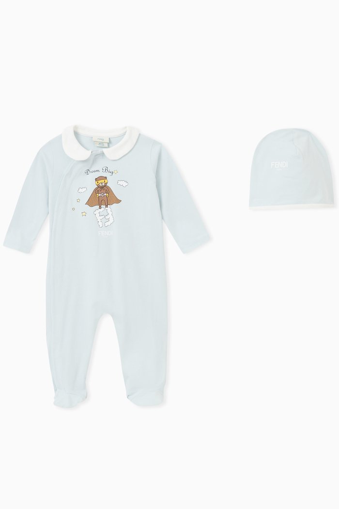 

Logo Print Sleepsuit & Hat Set in Cotton-jersey, Blue