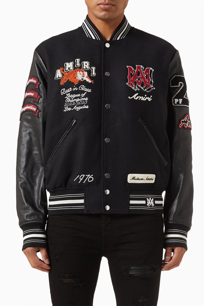 

Logo Patch Varsity Jacket in Bovine Leather, Black
