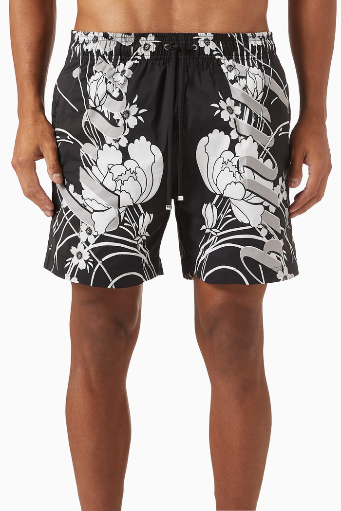 Floral Print Swim Trunks in Nylon, Black