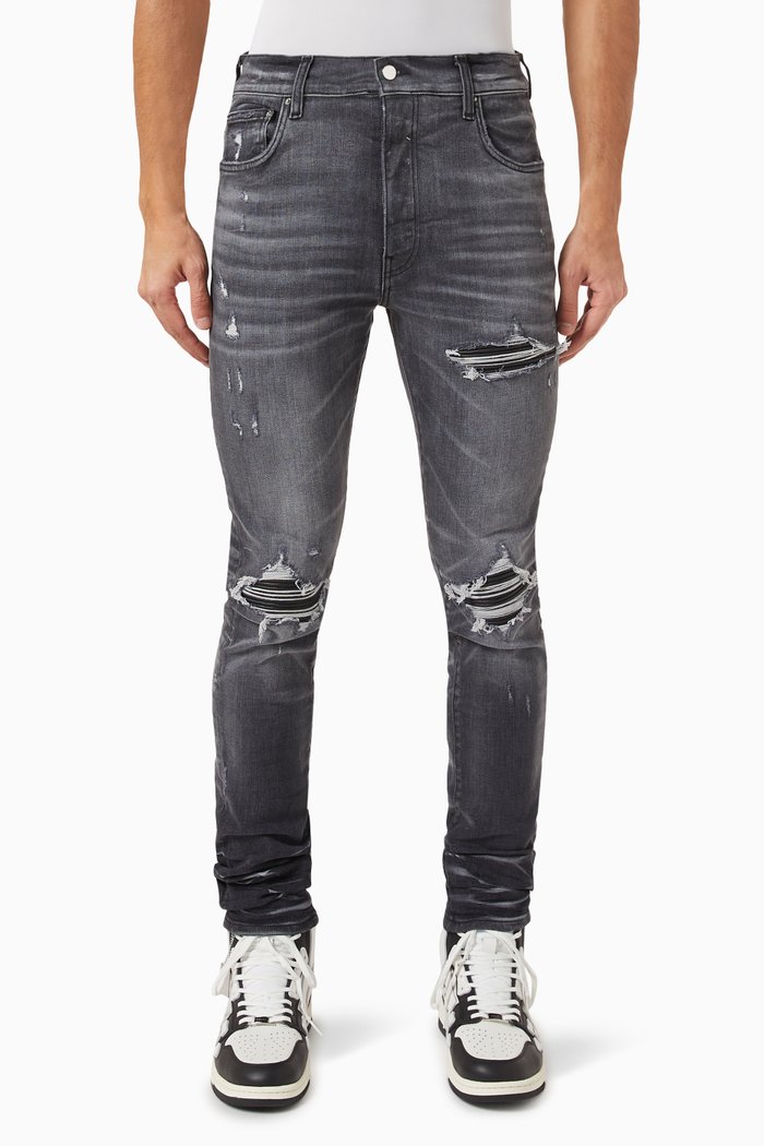 

MX1 Distressed Skinny-fit Jeans in Stretch Denim & Leather, Grey