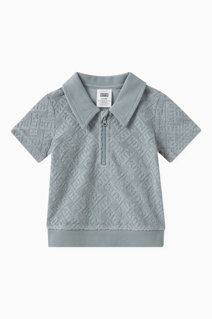 Short Sleeved Monogram Zip Polo in Cotton-blend Terry, Grey