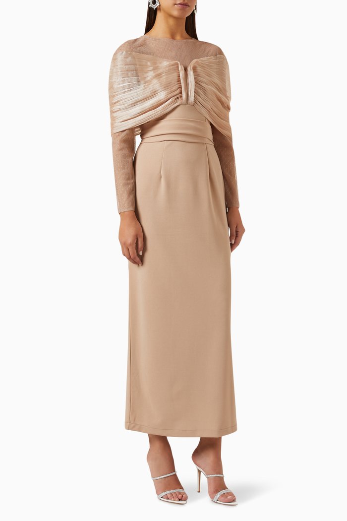 

Draped Long-sleeve Dress, Neutral