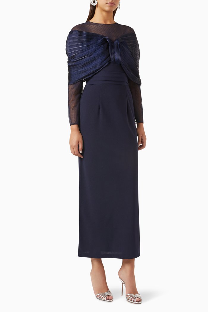 

Draped Long-sleeve Dress, Blue