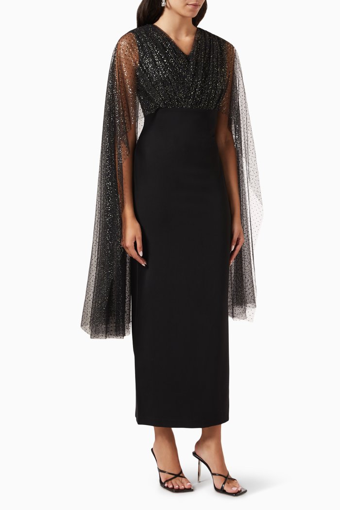 

Shimmer Cape-sleeve Dress, Black